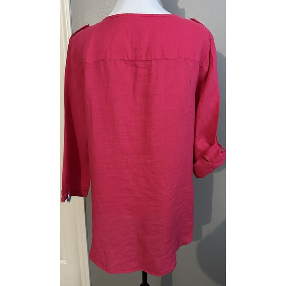 JM Collections Sz 14 Pink Linen Button Down Blouse Top 3/4 Sleeve Roll Tab Tunic - Picture 3 of 7